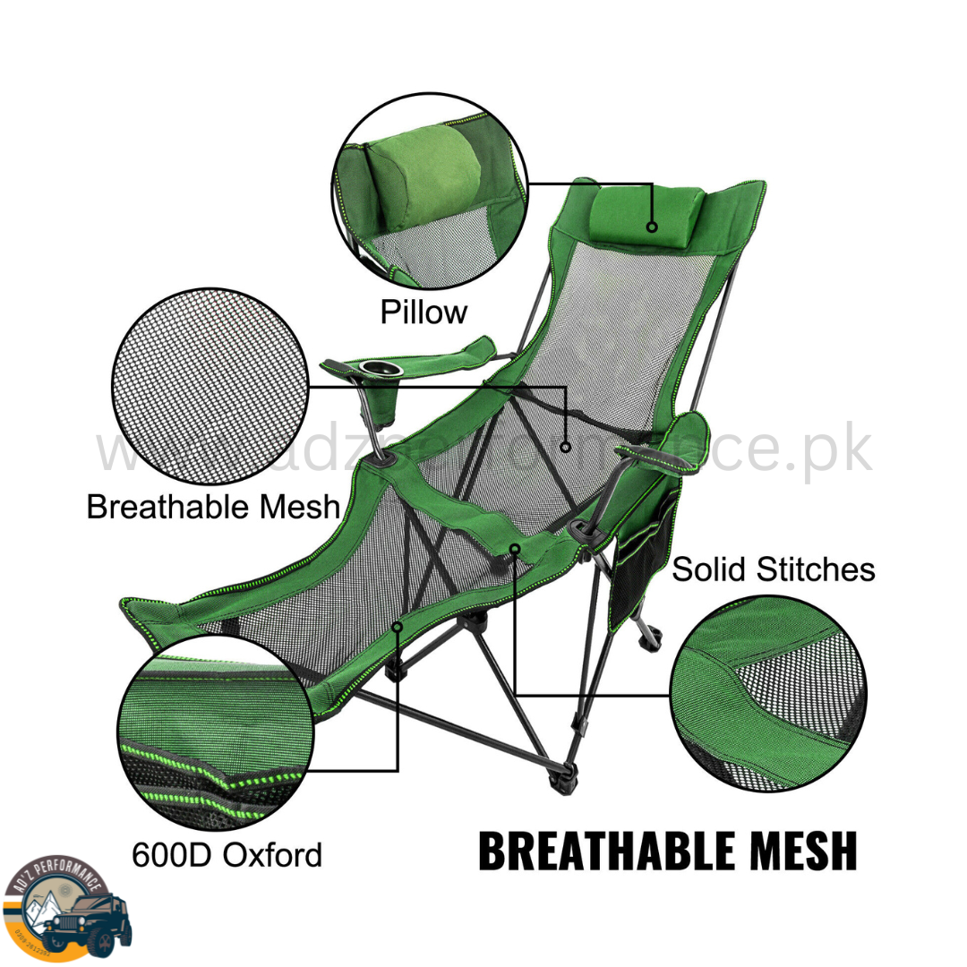 Portable Camping Chair Folding Mesh Lounge Recliner With Footrest Green